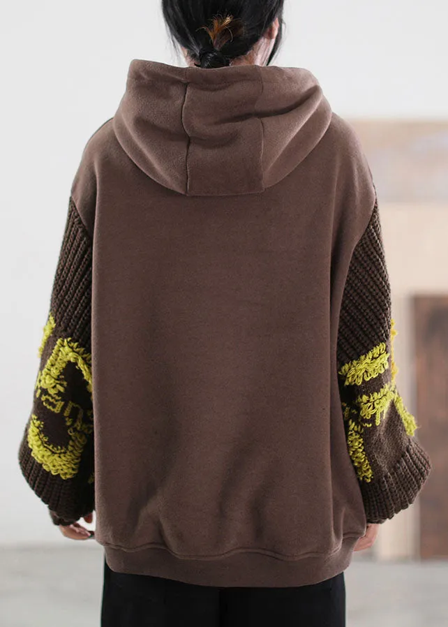 Brown Hooded knit Patchwork Warm Fleece Sweatshirts Tracksuits Winter