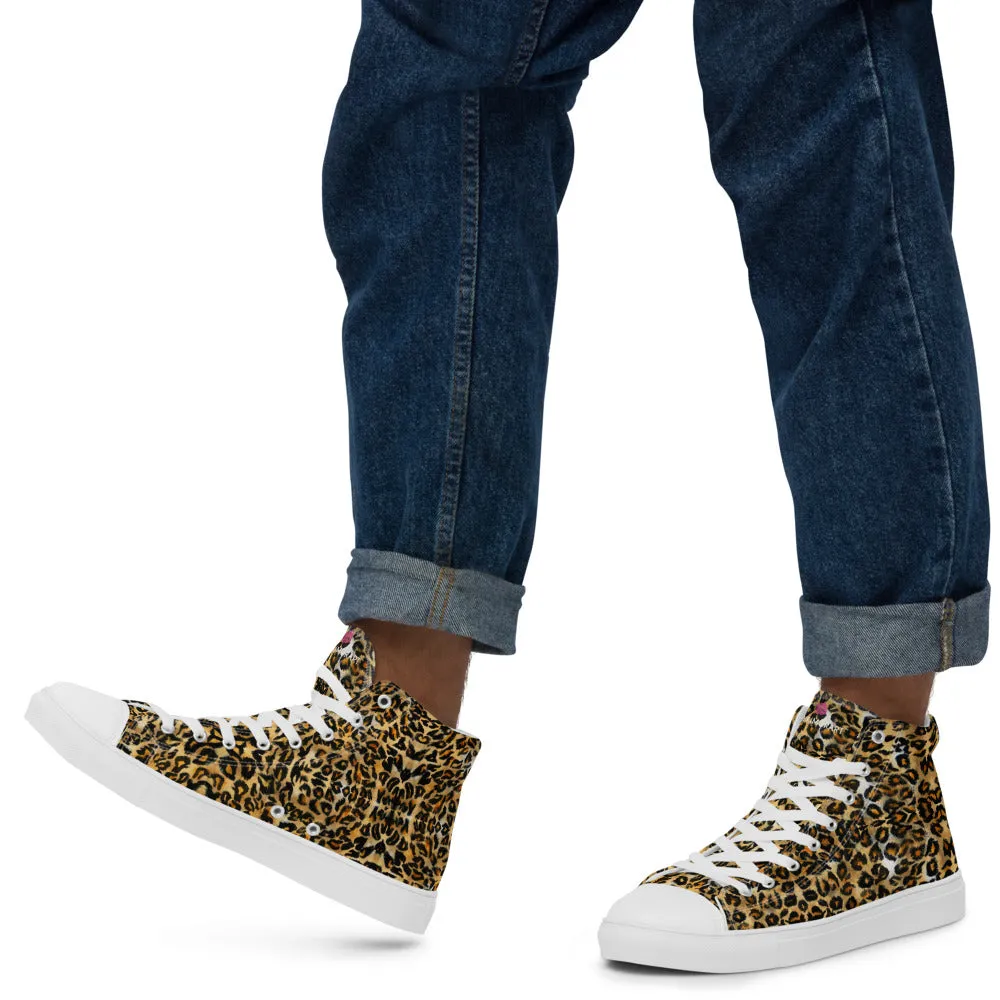 Brown Leopard Men's High Top, Leopard Animal Print Men’s High Top Canvas Sneaker Shoes (US Size: 5-13)