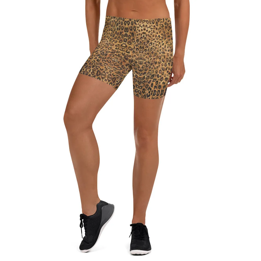 Brown Leopard Women's Shorts, Animal Print Stretchy Comfy Elastic Tights-Made in USA/EU