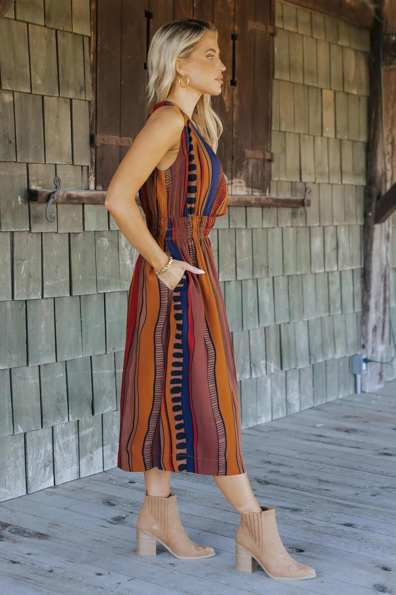 Brown Multi Print Sleeveless Midi Dress - FINAL SALE