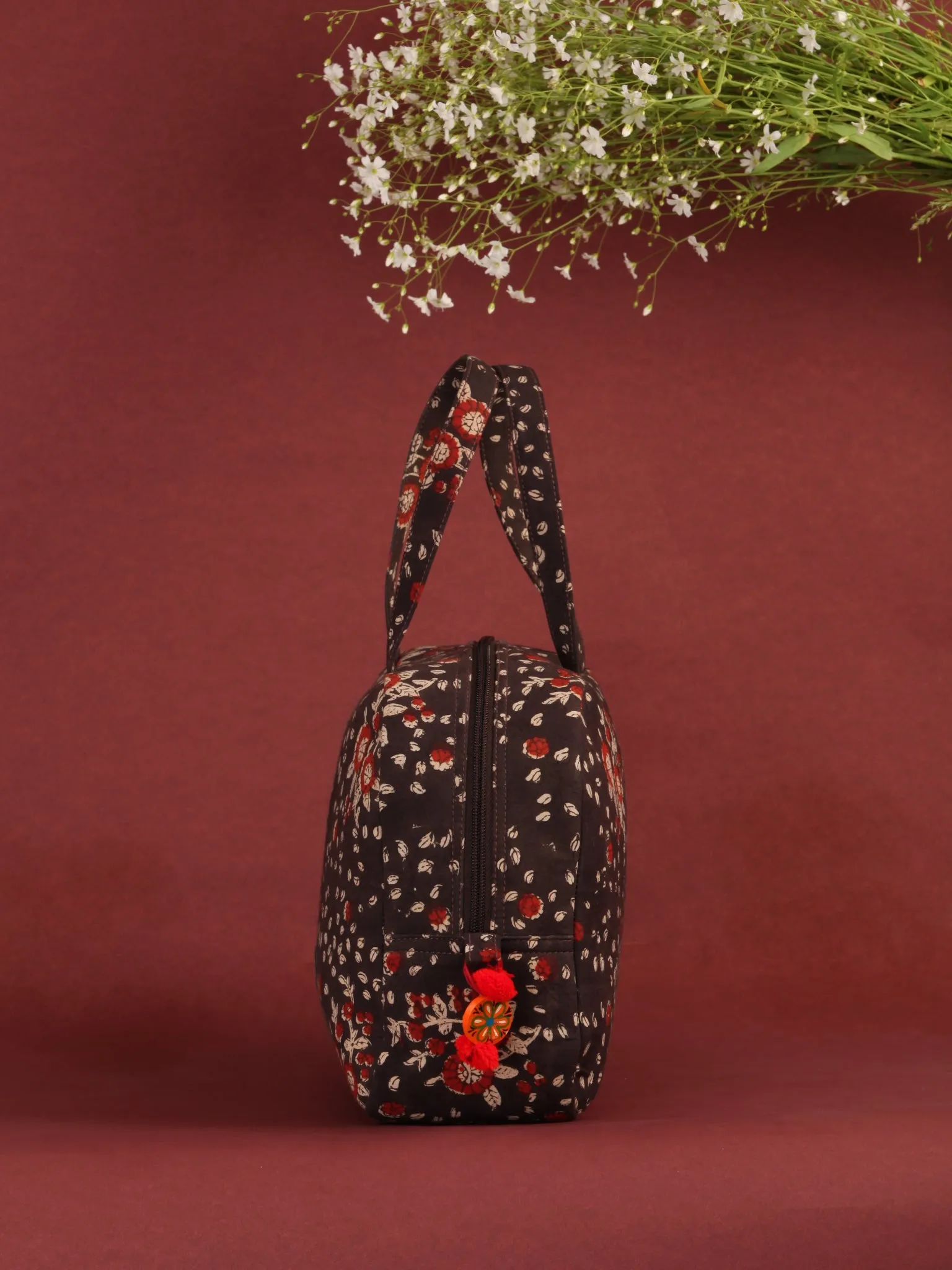 Brown Red Hand Block Printed Bucket Style Hand Bag - B0703