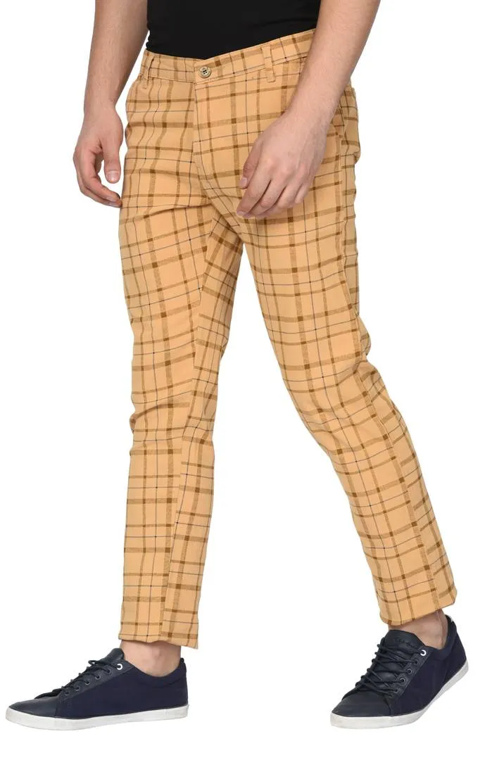 Brown Stretchable Slim Fit checked casual Trousers for Men's