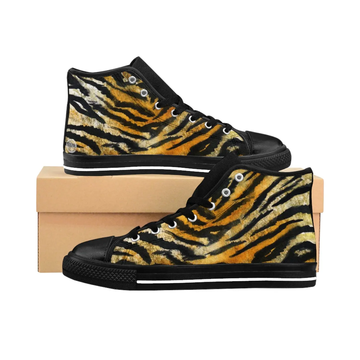 Brown Tiger Stripe Women's Sneakers, Chic Animal Print Designer High Top Tennis Shoes