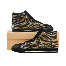 Brown Tiger Striped Women's High Tops, Animal Print Designer High Top Sneakers Shoes