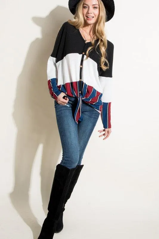 Brushed Mixed Striped Solid Waist Tie Top