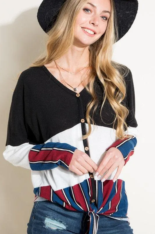 Brushed Mixed Striped Solid Waist Tie Top