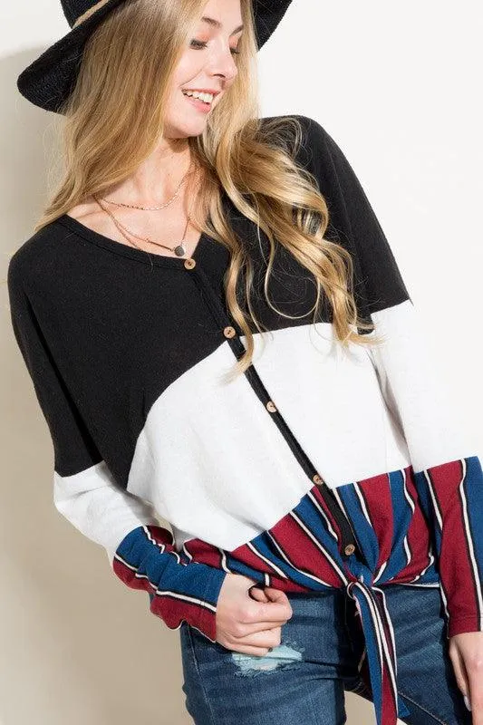 Brushed Mixed Striped Solid Waist Tie Top