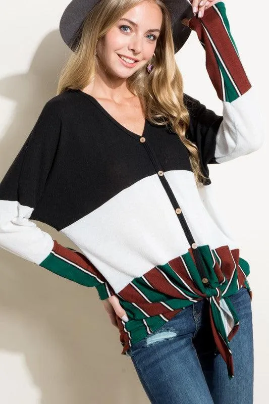 Brushed Mixed Striped Solid Waist Tie Top