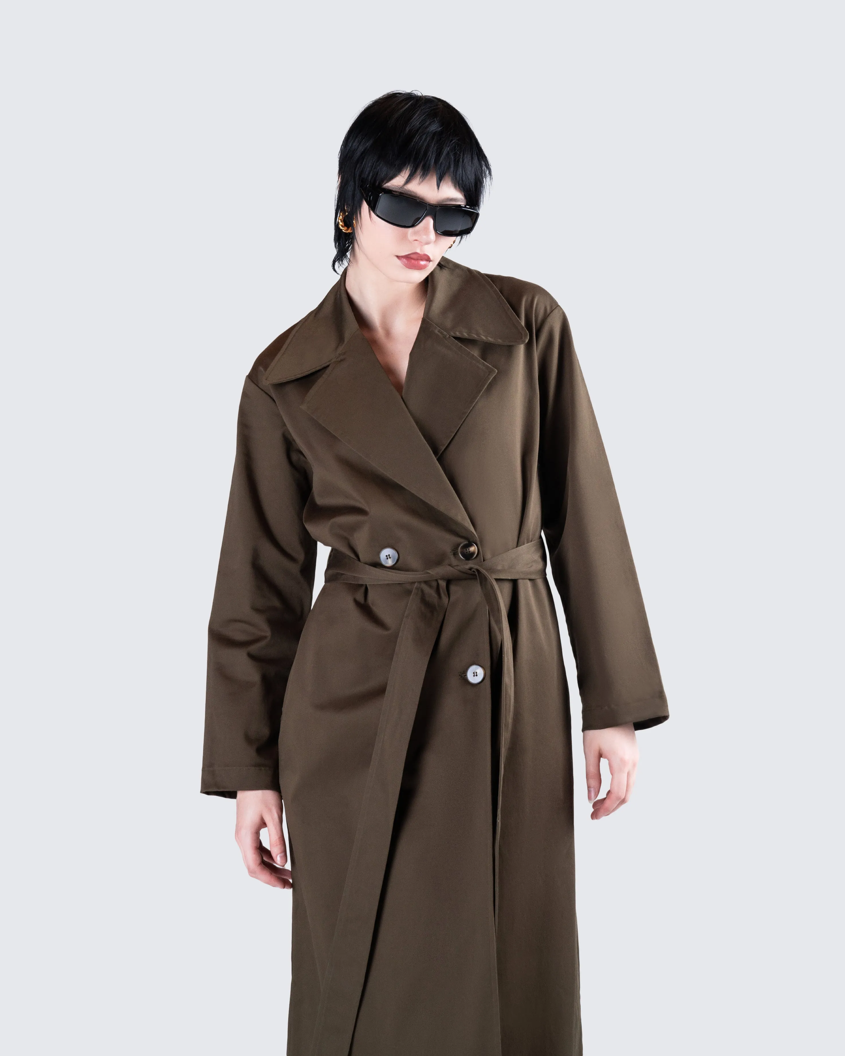 Bryn Dark Olive Belted Trench Coat