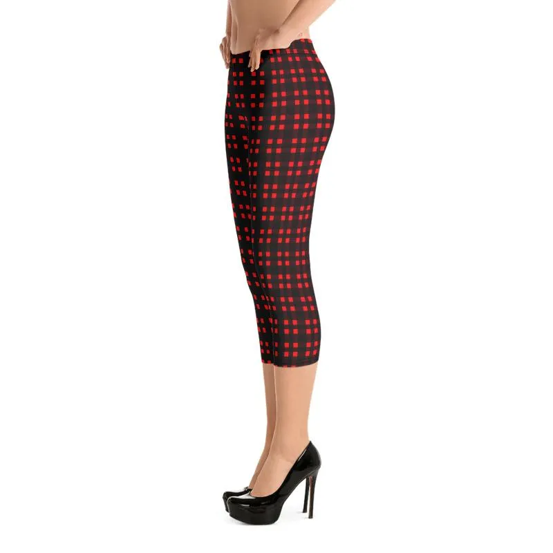 Buffalo Red Plaid Capris Tights, Scottish Style Print Women's Capri Leggings Pants Fashion Tights- Made in USA/ EU