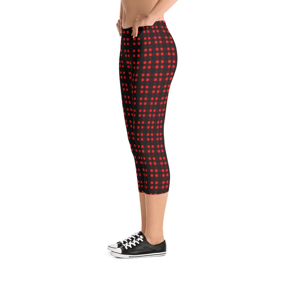 Buffalo Red Plaid Capris Tights, Scottish Style Print Women's Capri Leggings Pants Fashion Tights- Made in USA/ EU