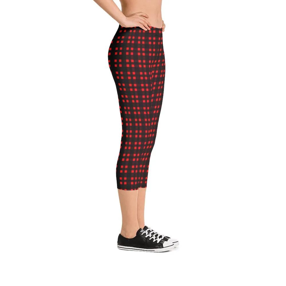 Buffalo Red Plaid Capris Tights, Scottish Style Print Women's Capri Leggings Pants Fashion Tights- Made in USA/ EU