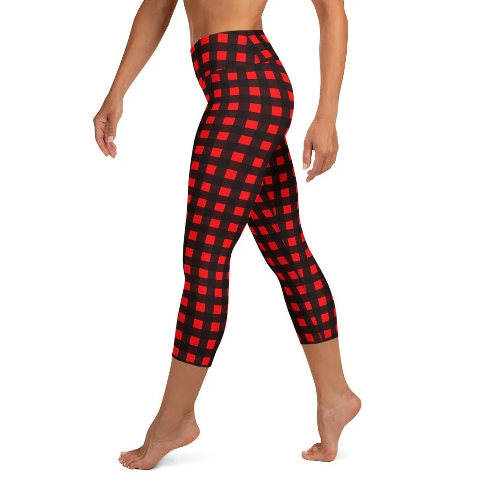 Buffalo Red Plaid Print Capris Tights, Women's Designer Yoga Capri Leggings Pants- Made in USA/ EU