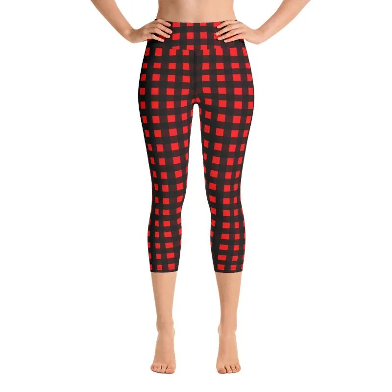 Buffalo Red Plaid Print Capris Tights, Women's Designer Yoga Capri Leggings Pants- Made in USA/ EU