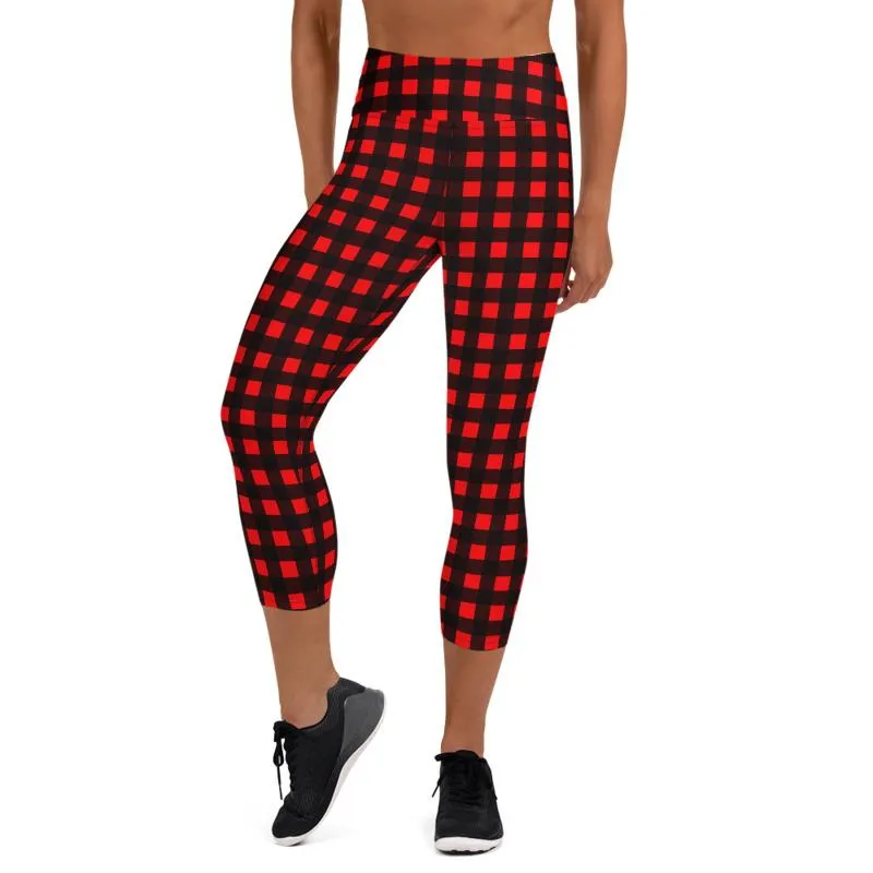 Buffalo Red Plaid Print Capris Tights, Women's Designer Yoga Capri Leggings Pants- Made in USA/ EU