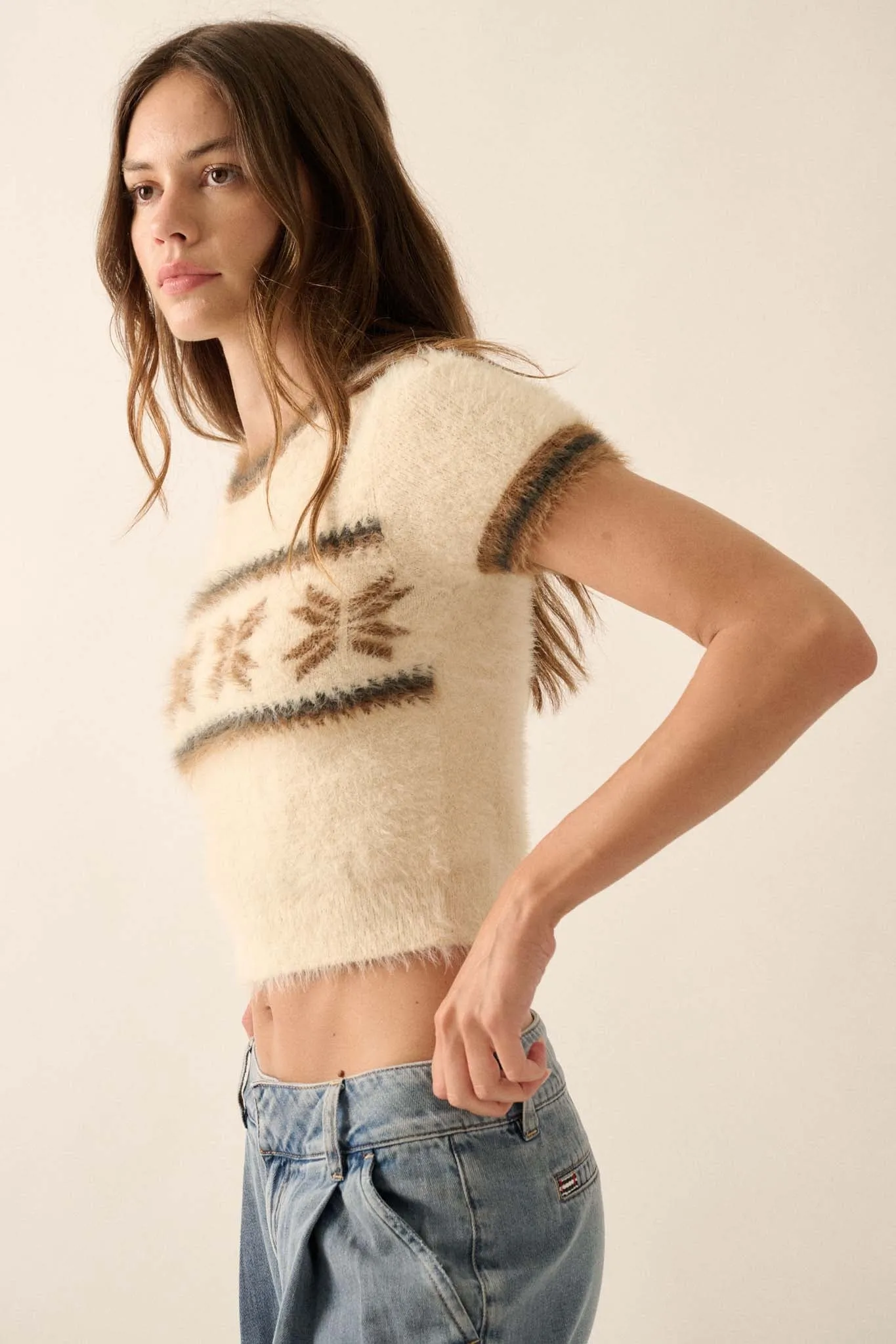 Bunny Slope Fuzzy Knit Short-Sleeve Alpine Sweater