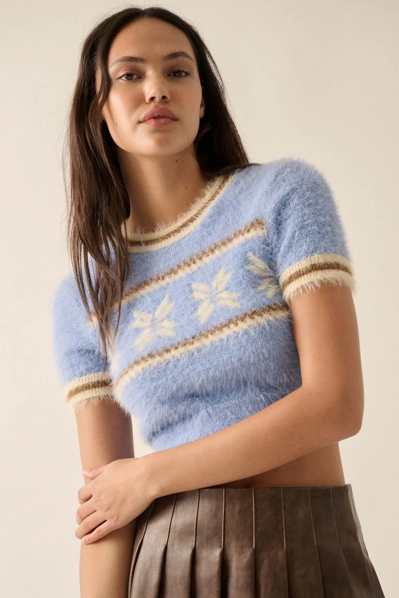 Bunny Slope Fuzzy Knit Short-Sleeve Alpine Sweater