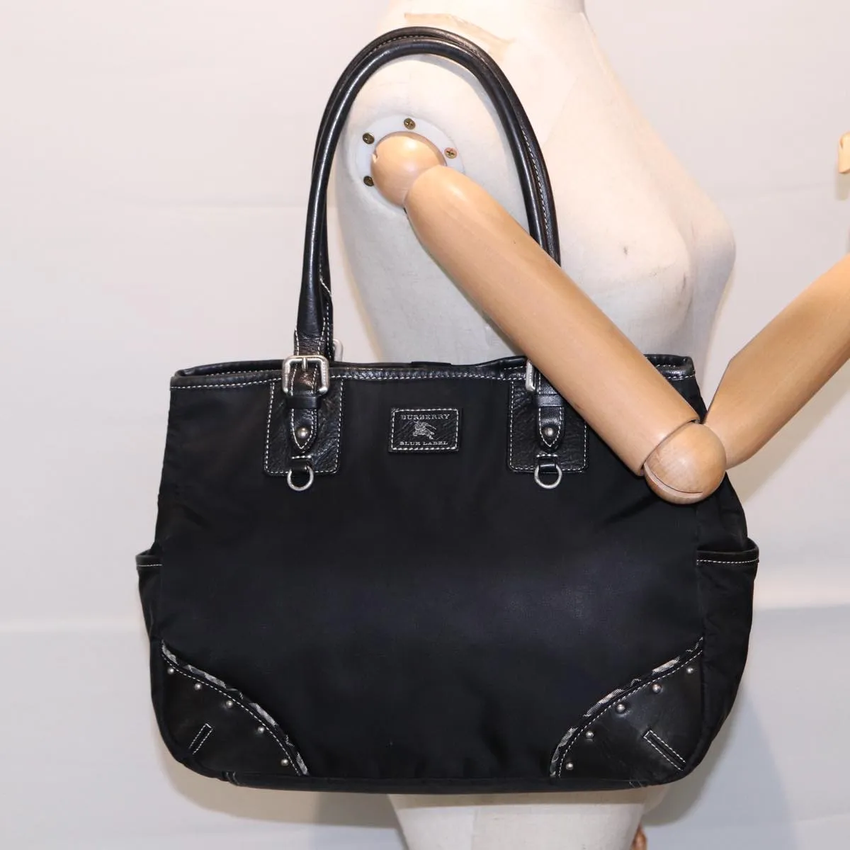 BURBERRY Blue Label Tote Bag Nylon Black Silver  88574