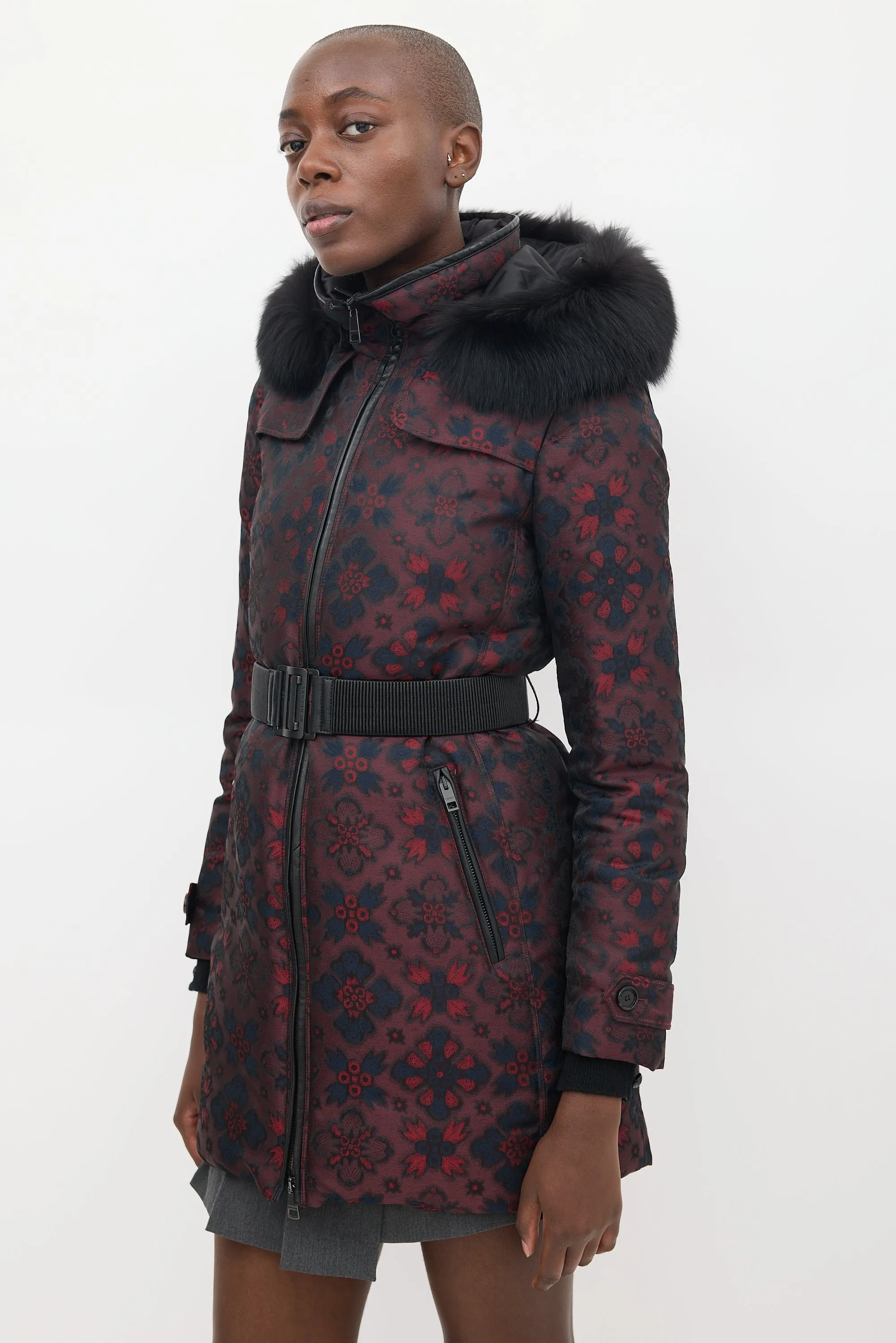 Burgundy & Multicolour Floral Fur Trimmed Padded Coat