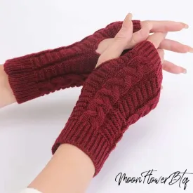 Burgundy Cable Knit Fingerless Gloves