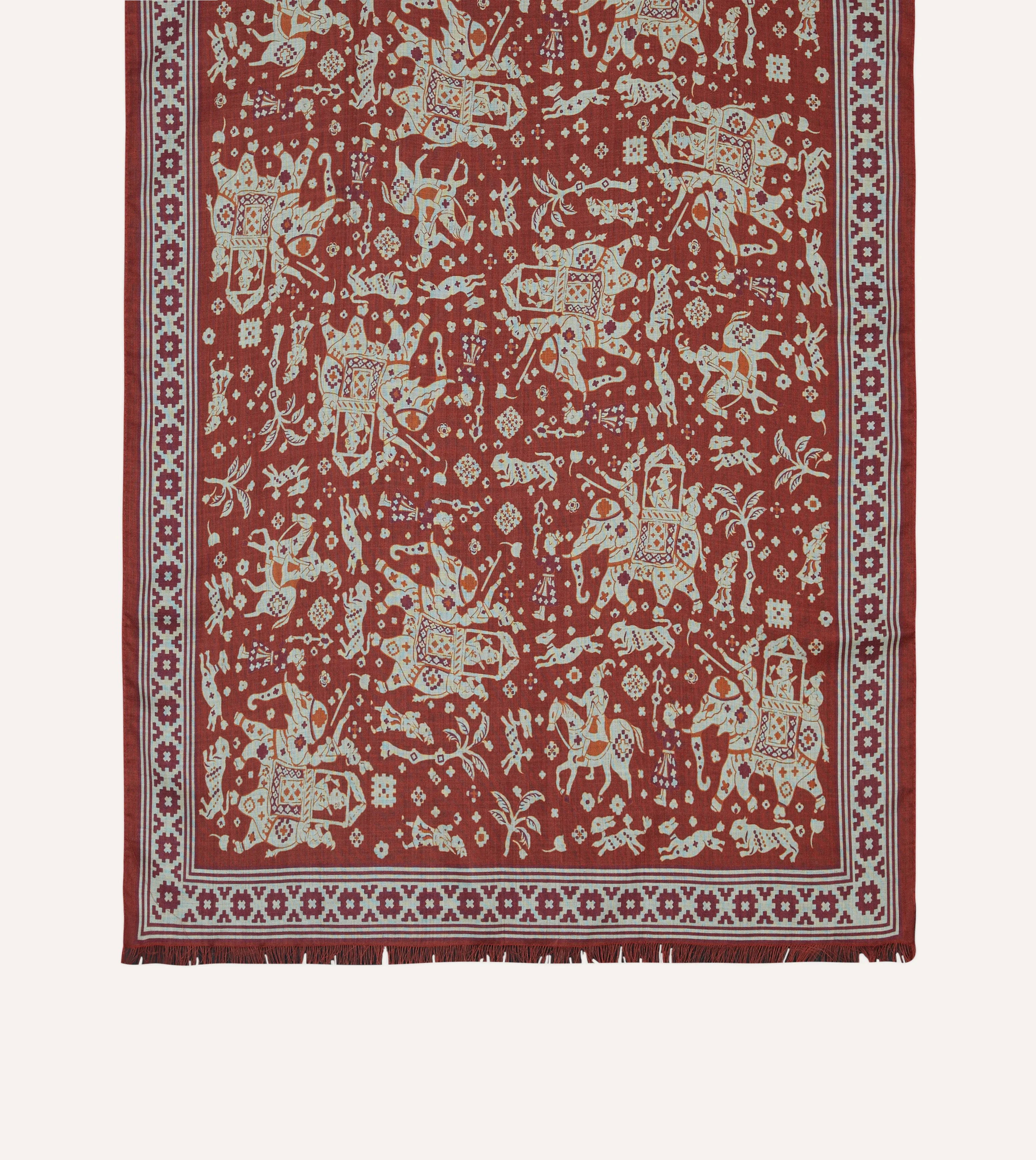 Burgundy Mughal Elephants Print Wool-Silk Scarf