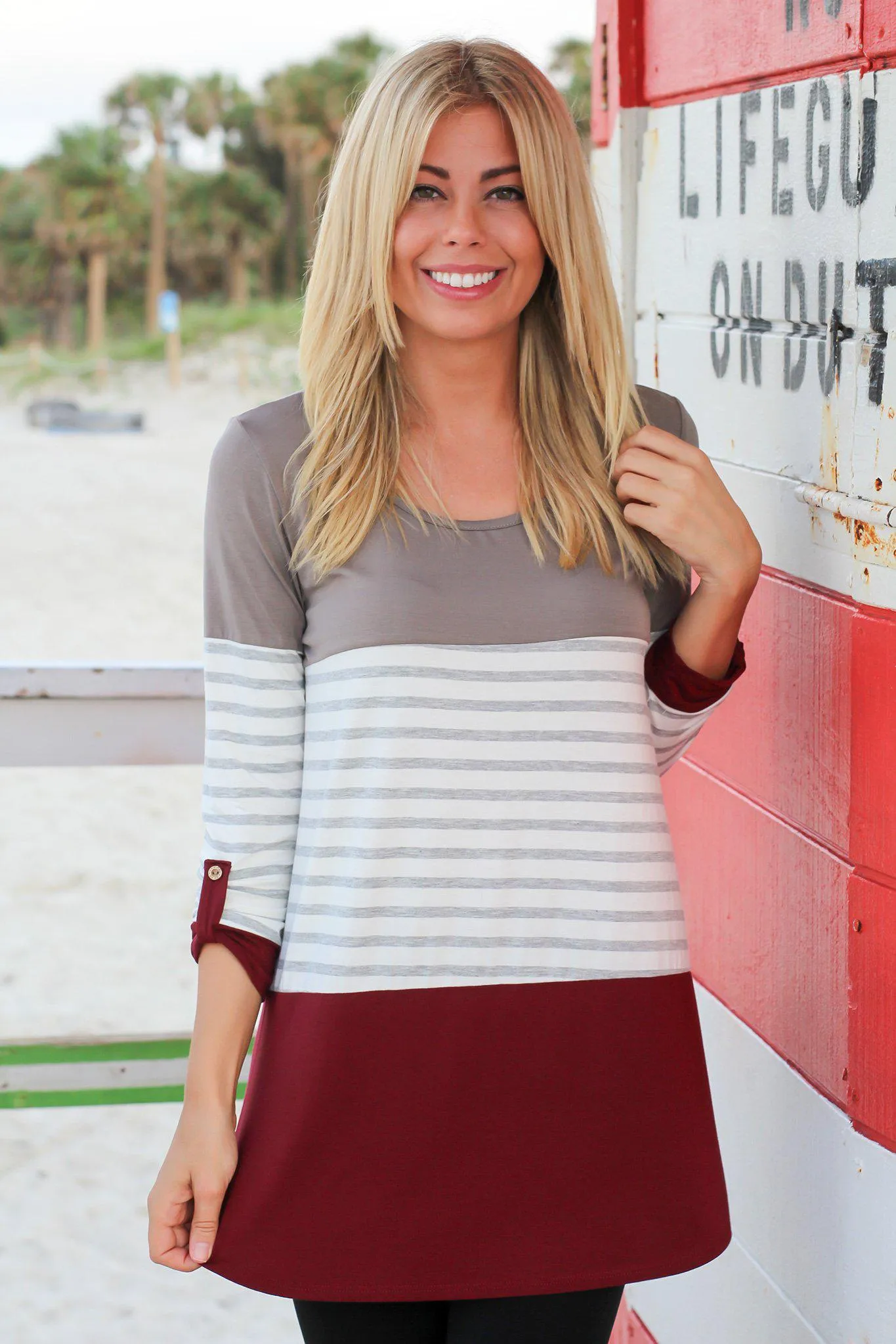 Burgundy Striped Top with 3/4 Sleeves