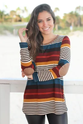 Burgundy Striped Top with Button Detail