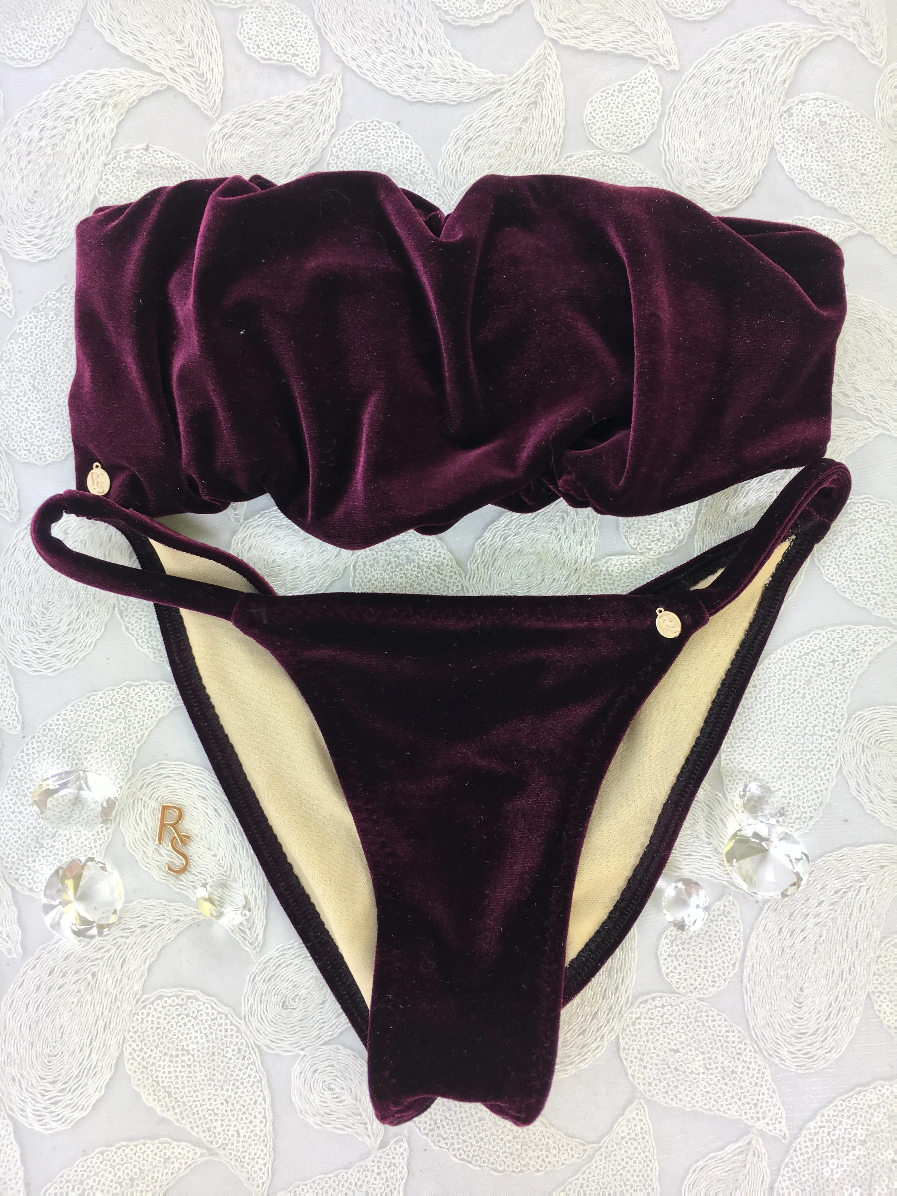 Burgundy Wine Velvet Seamless Strapless Bikini Brazilian Cheeky size small bottoms, one size top (final sale)