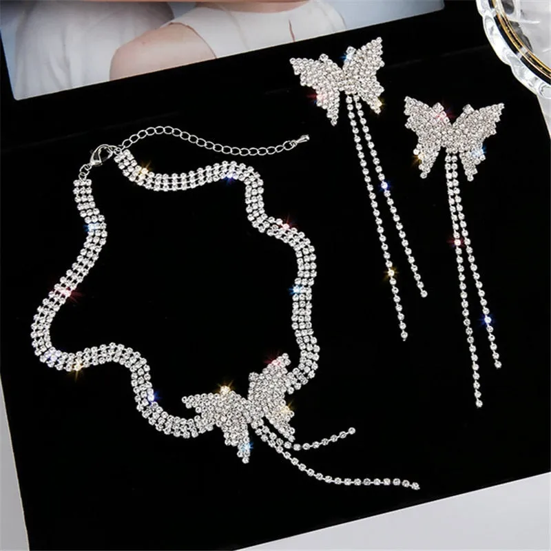 Butterfly Crystal Choker Necklace and Earrings with Long Tassel Rhinestones for Evening