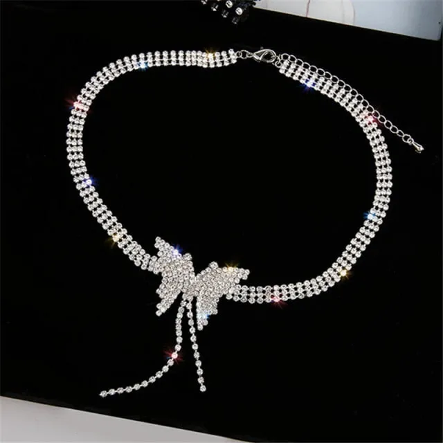 Butterfly Crystal Choker Necklace and Earrings with Long Tassel Rhinestones for Evening