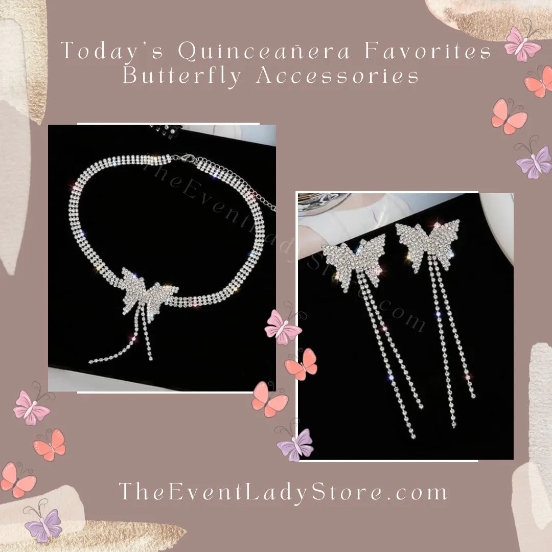 Butterfly Crystal Choker Necklace and Earrings with Long Tassel Rhinestones for Evening