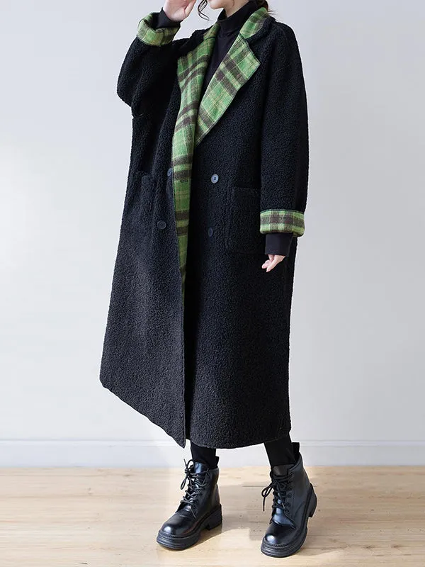 Buttoned Plaid Pockets Reversible Long Sleeves Loose Notched Collar Woolen Coat Outerwear