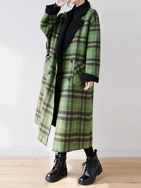 Buttoned Plaid Pockets Reversible Long Sleeves Loose Notched Collar Woolen Coat Outerwear