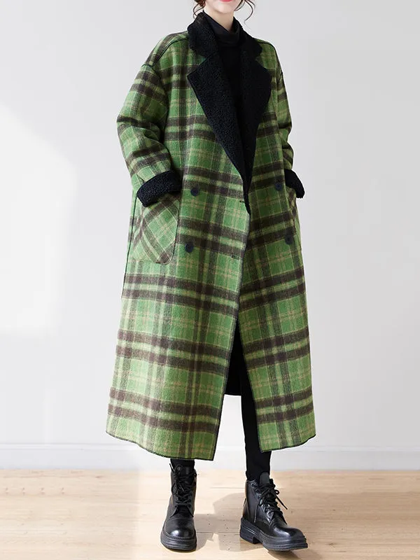 Buttoned Plaid Pockets Reversible Long Sleeves Loose Notched Collar Woolen Coat Outerwear