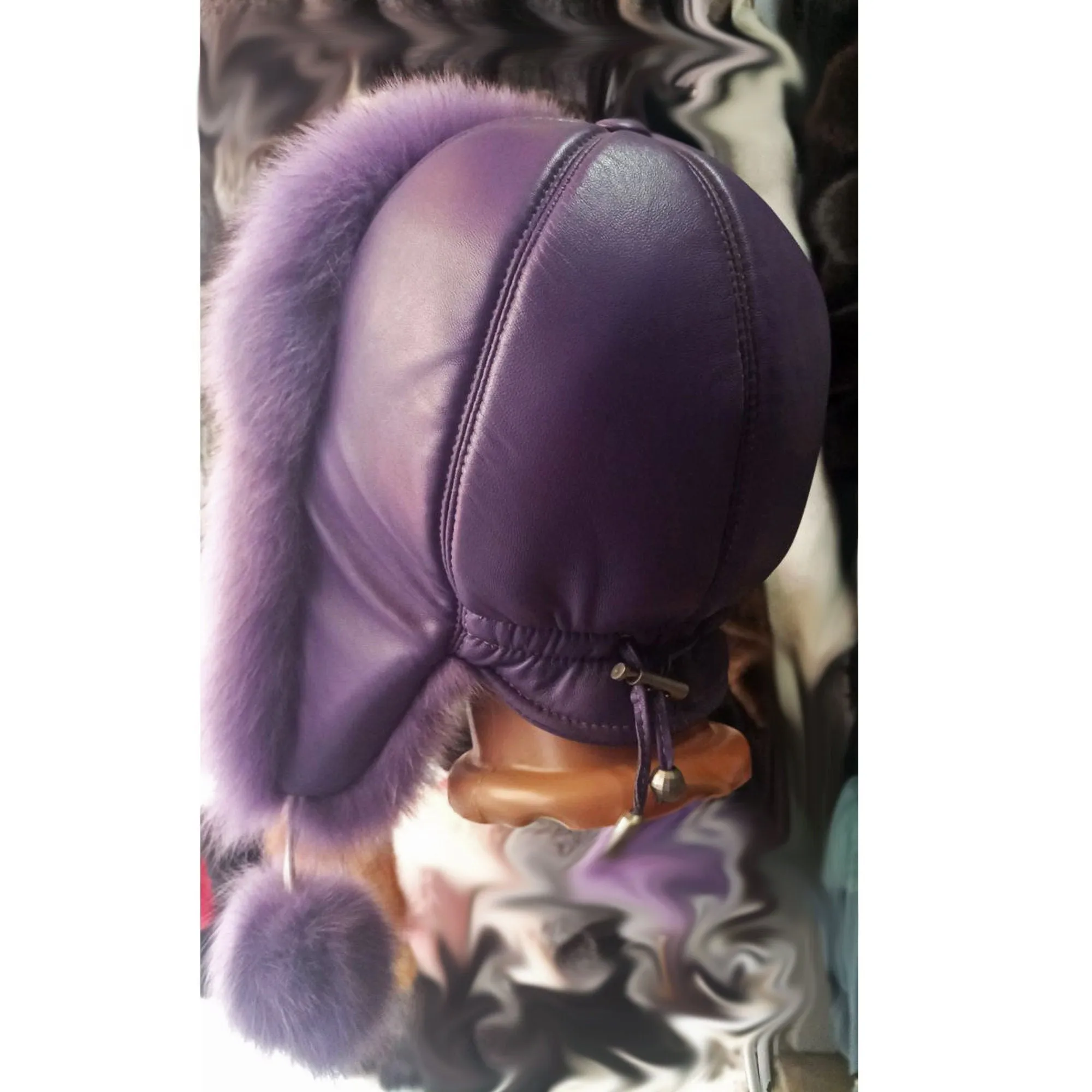 BY ORDER Women Fur Hat, Real Leather Fox Fur Hat, Aviator Hat, Ushanka, Russian Hat, Ski Hat, Leather Hat Ear Flaps, Girl Trapper Hat Lilac