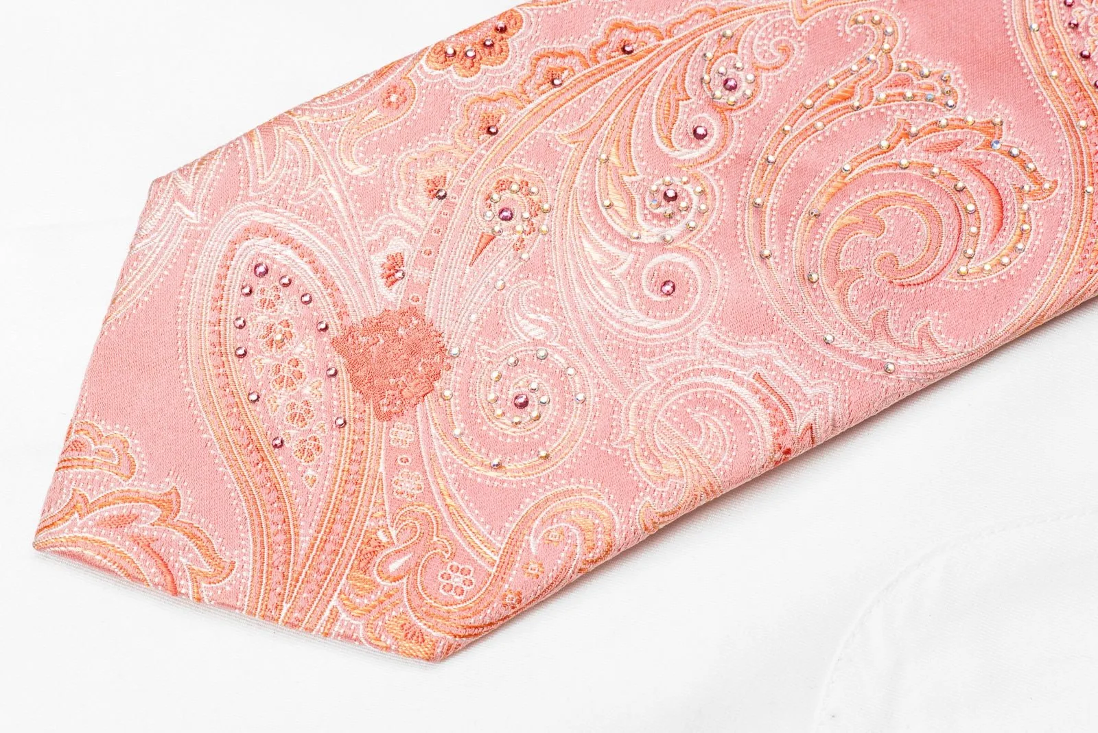 Cabrini Men's Crystal Silk Tie Paisley On Pink Sparkling With Rhinestones