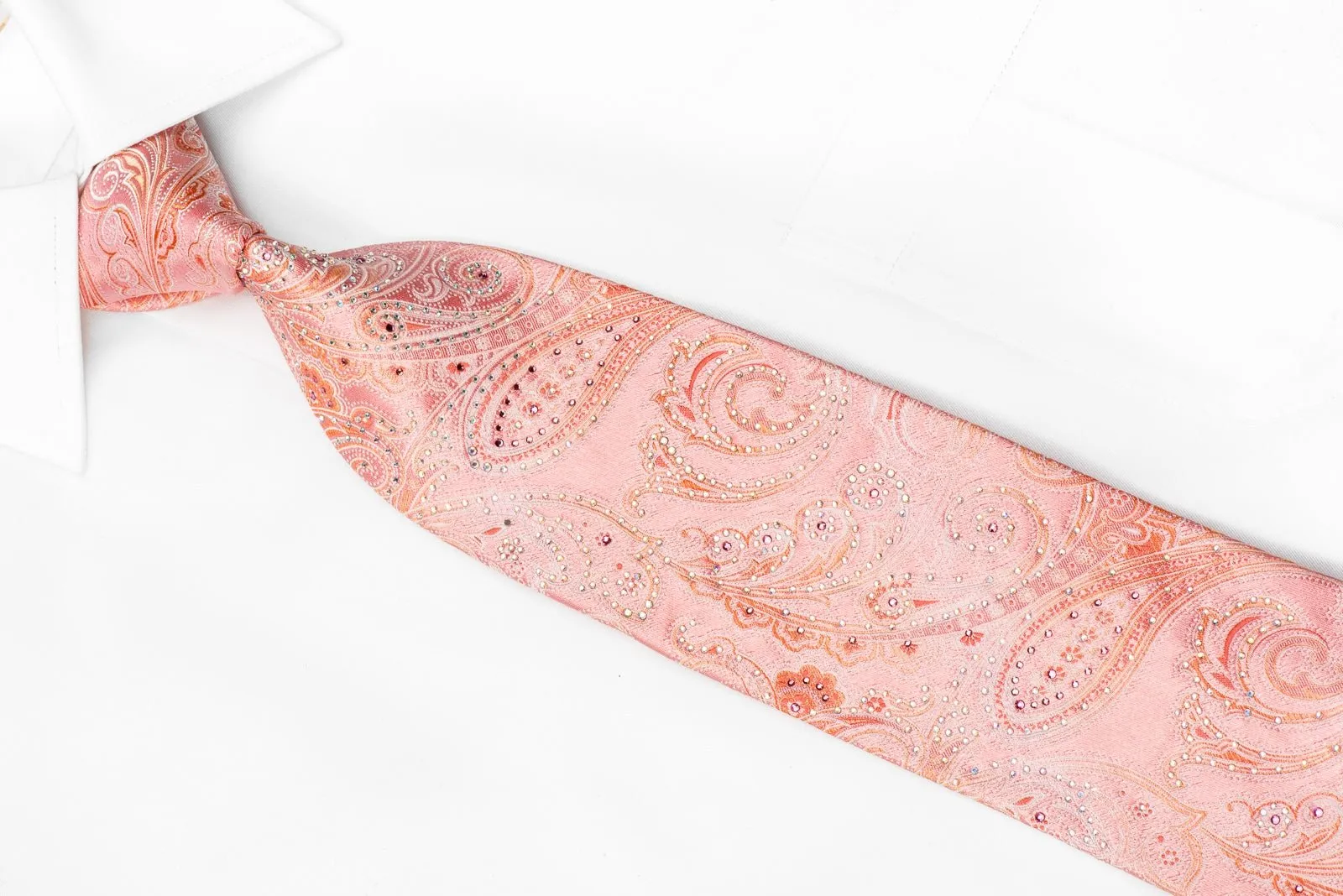 Cabrini Men's Crystal Silk Tie Paisley On Pink Sparkling With Rhinestones