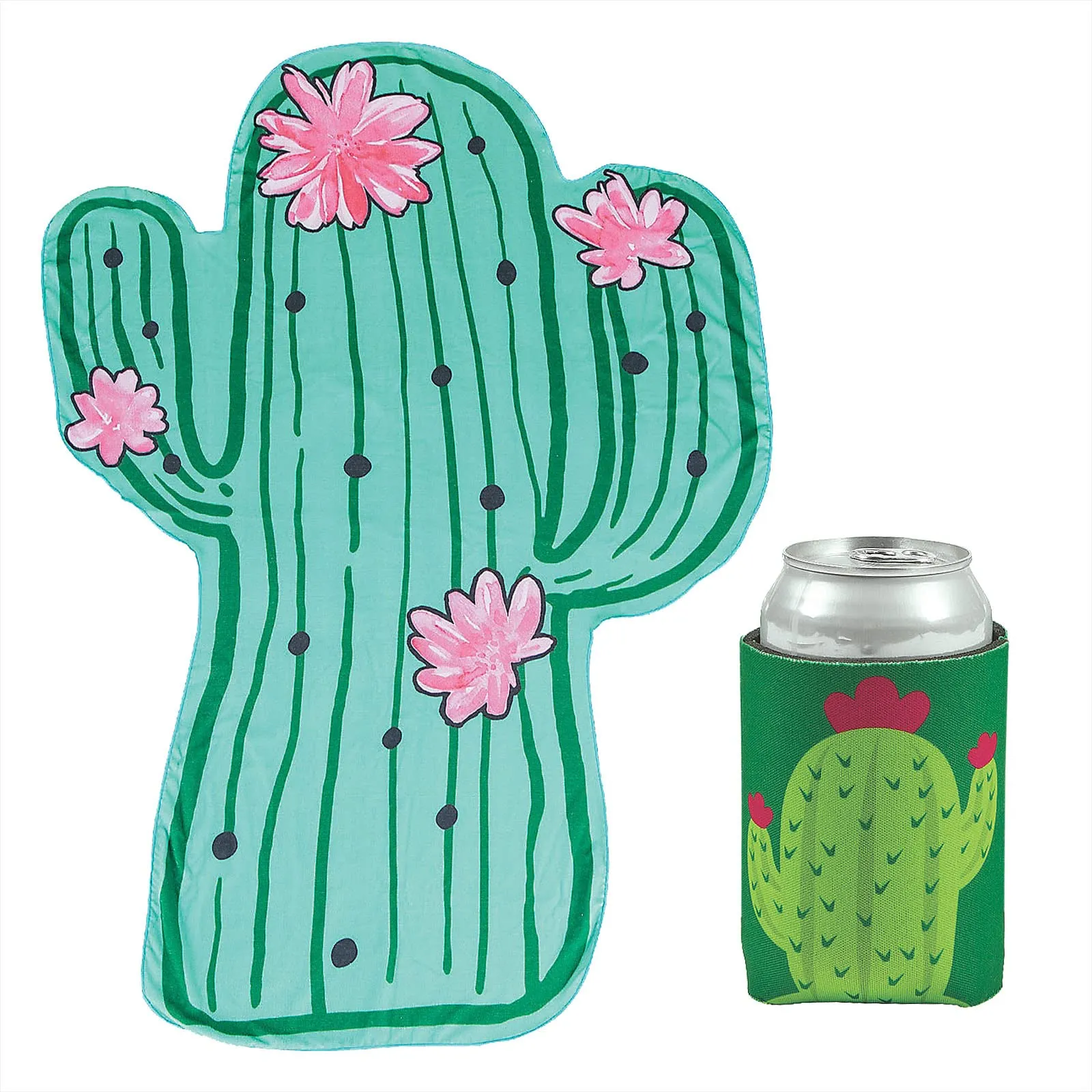 Cactus Party Supplies - Cactus Shaped Beach Towel and Can Sleeve Drink Holder