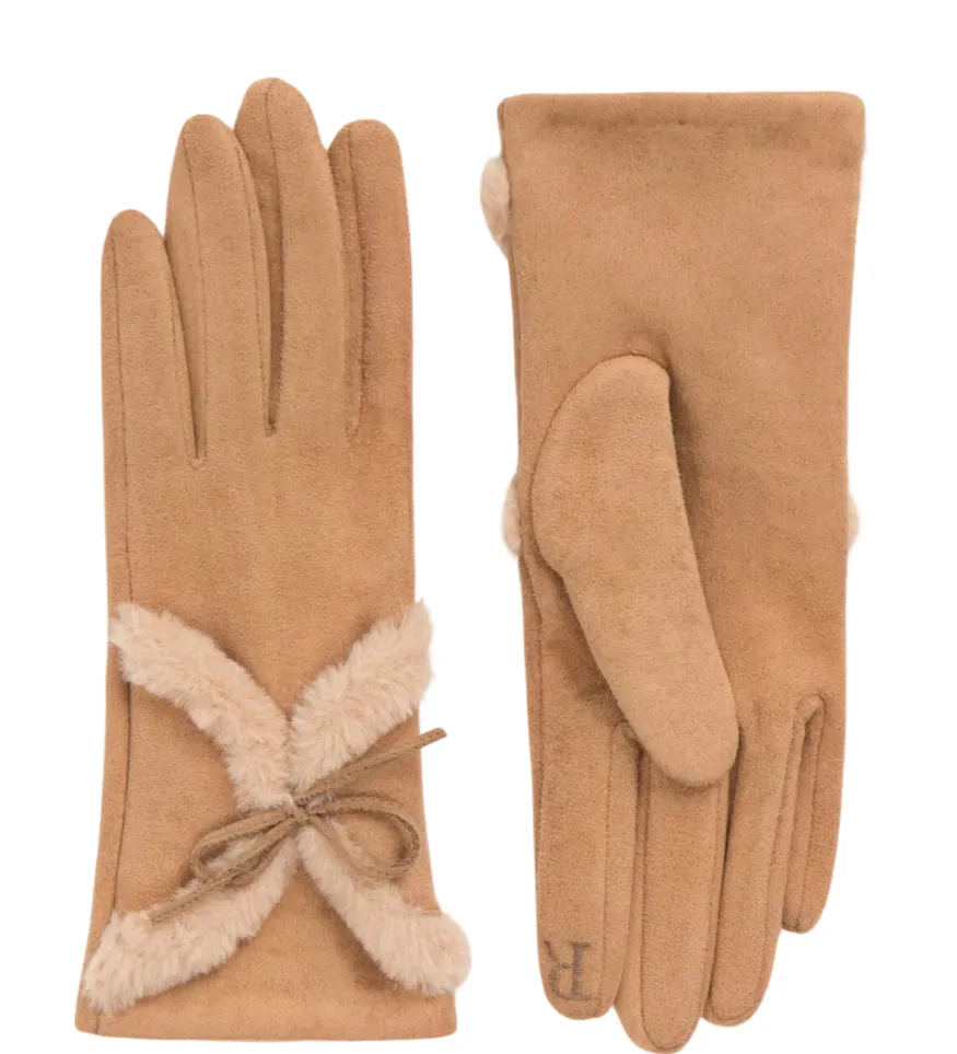 Camel Faux Suede Gloves with Faux Sheepskin Bow Decoration