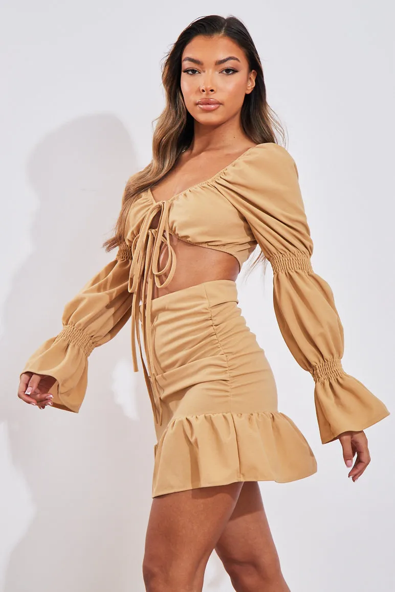 Camel Shirred Sleeve Crop Top & Ruched Mini Skirt Set - Ariana