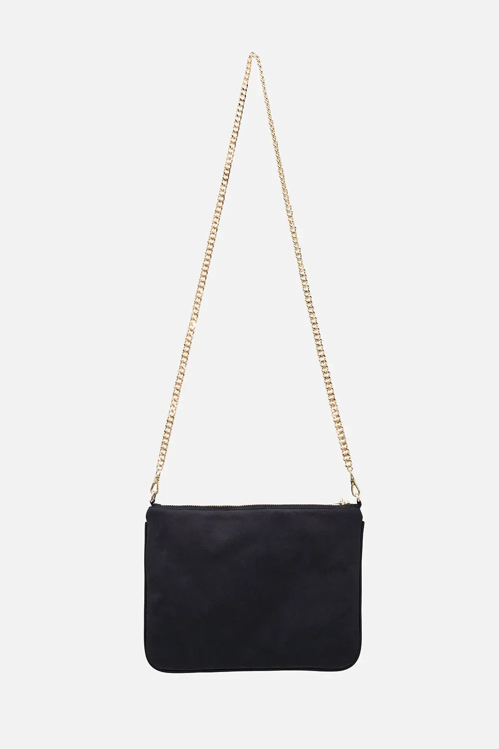 CAMILLA SOLID BLACK EMBELLISHED ZIP TOP CLUTCH WITH STRAPS