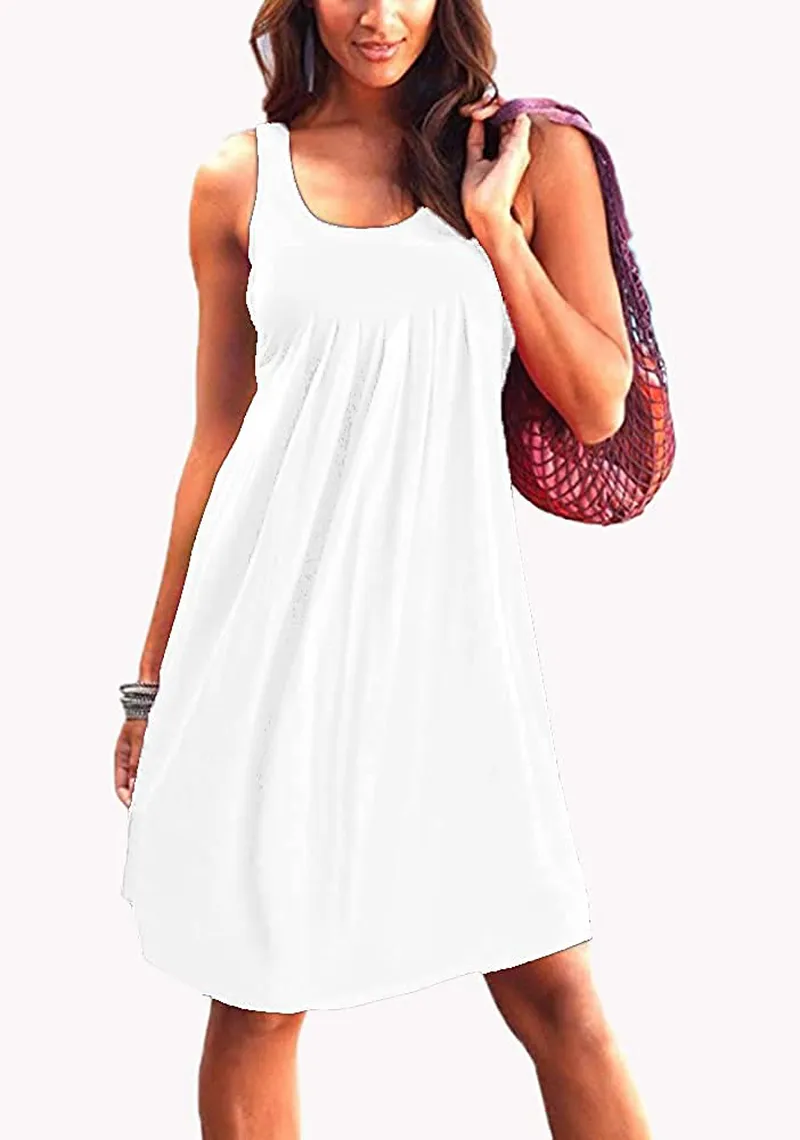 Camisunny Women Casual Loose Tank Dresses Sleeveless Beach Vacation Dress Swing Pleated U Neck Fashion Soft