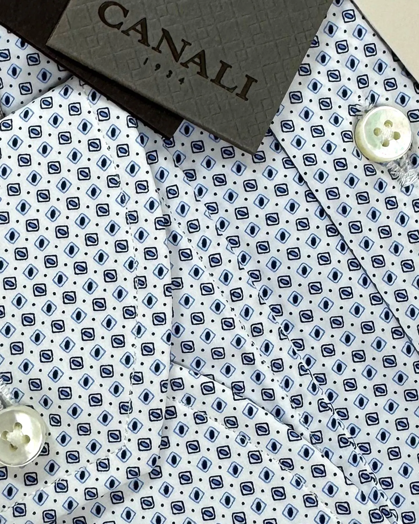 Canali Dress Shirt White Blue Navy Micro Design - Exclusive Collection 38 - 15