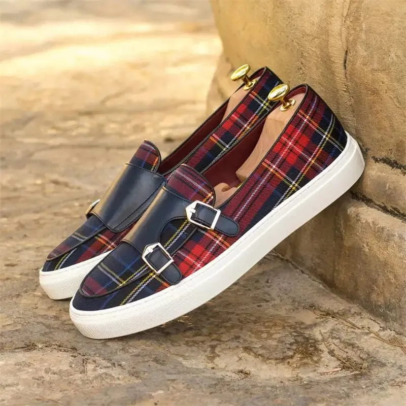 Canvas Plaid Men's Loafers: Classic Fashion Moccasins with Double Buckle