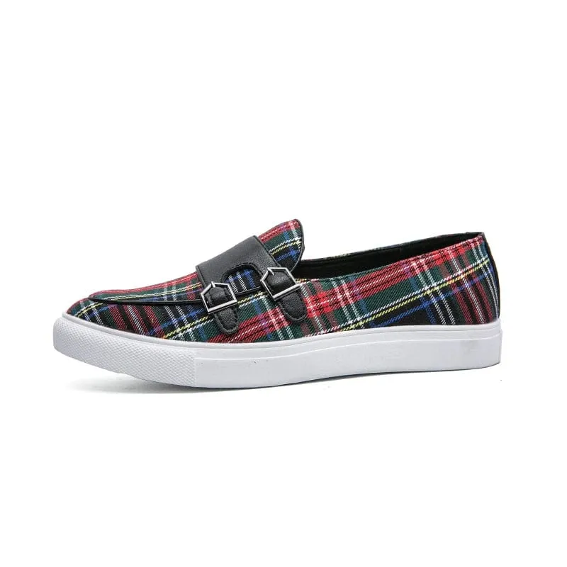 Canvas Plaid Men's Loafers: Classic Fashion Moccasins with Double Buckle