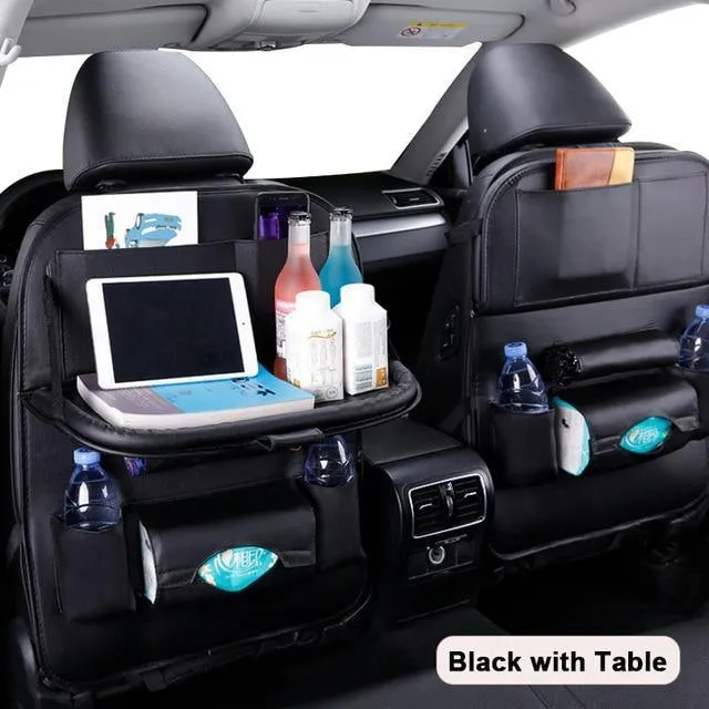 Car Seat-Back Organizer Leather with Foldable Stowable Table Tray