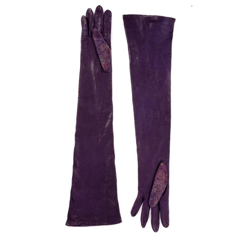 Carlos Falchi Purple Leather Opera Gloves w/ Painted Flowers