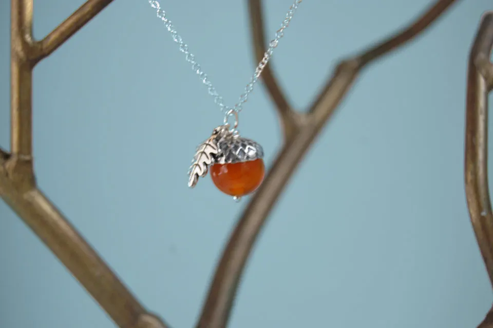 Carnelian and Silver Acorn Necklace | Gemstone Acorn Charm Necklace | Cute Autumn Necklace | Nature Jewelry