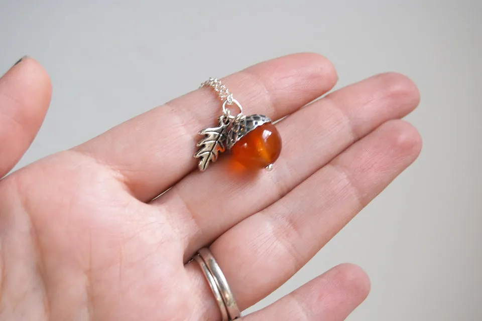 Carnelian and Silver Acorn Necklace | Gemstone Acorn Charm Necklace | Cute Autumn Necklace | Nature Jewelry