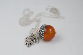 Carnelian and Silver Acorn Necklace | Gemstone Acorn Charm Necklace | Cute Autumn Necklace | Nature Jewelry